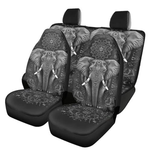 STUOARTE Boho Elephant Print 4 Pcs Car Seat Covers Full Set, Soft Stretchy Front and Split Bench Seat Protectors, Car Accessories Universal Fit for Auto Van Truck Sedan