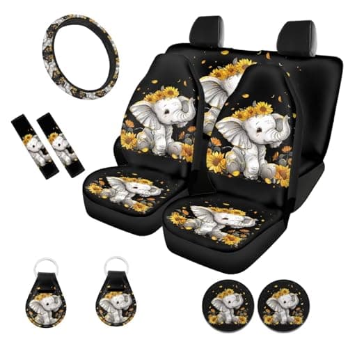 ZFRXIGN Elephant Sunflower Car Seat Covers Full Set for Women Cute Car Steering Wheel Cover/Seat Belt Cover/Cup Coasters/Keyrings 11-Pcs for Truck SUV Van Protector Car Front Back Seat Covers