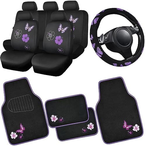 CAR PASS Universal Cloth Butterfly Car Seat Covers Full Set, Embroidered Flower Waterproof Car Floor Mats Carpet, Butterflies Steering Wheel Cover for Car Accessories Interior Sets (Black and Purple)