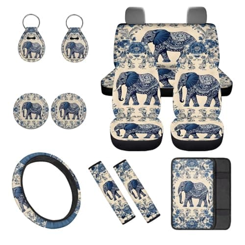 Horeset Elephant 12 Pcs Car Seat Covers with Steering Wheel Cover,Seat Belt Covers Cup Holder with Keychain Novelty Automotive Protector Set Universal Fit Automotive Most Cars