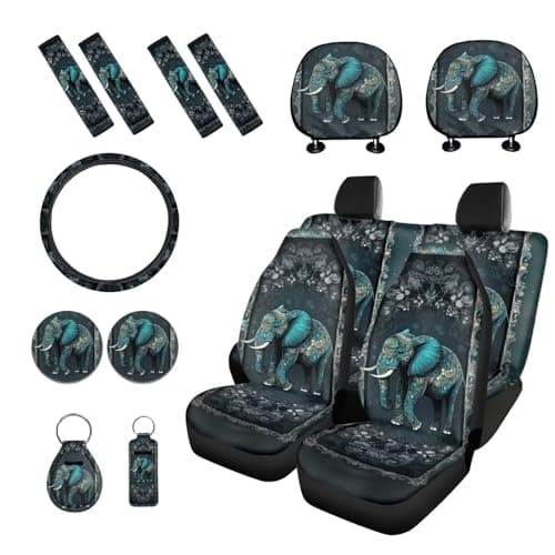 PCSJRKG Elephant Printed 15 Pack Car Seat Cover Full Set, Stretchy Car Interior Covers Set Front Rear Seat Protector Seat Belt Pad Steering Wheel Protector Keychain