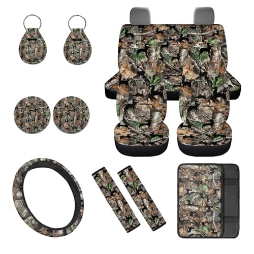 gearider Camo Hunting Front and Rear Car Seat Covers Full Set with Steering Wheel Cover Center Console Pad Seatbelt Pads Cup Coasters Keychain 12Pcs Car Interior Accessories Full Set