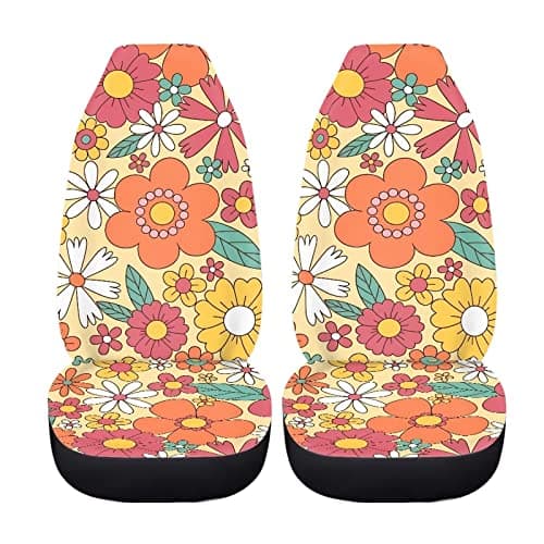 Drydeepin Groovy Hippie Flower 70s 80s Floral Pattern Car Seat Covers for Front Seats 2 Pack Auto Cushion Protector Universal Fit Most Truck SUV Van Sedan Car Interior Accessories for Women Girl