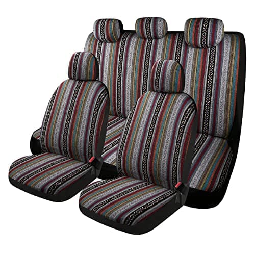 PONYJOYUP Baja Saddle Blanket Car Seat Covers 9PCS Full Set, Breathable and Washable Striped Woven Automotive Vehicle Seat Cover, Universal Seat Cover for Sedan, SUV, Truck, Airbag Compatible