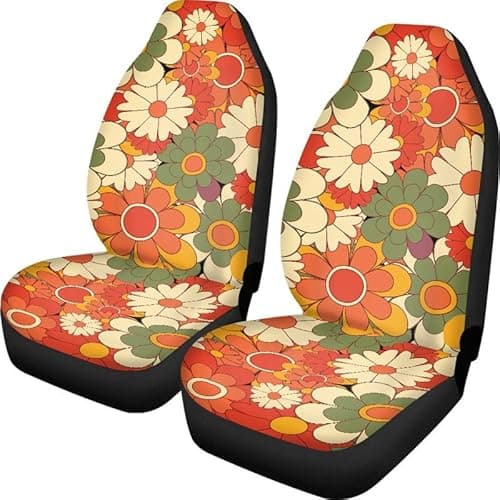 Jndtueit Groovy Flower Auto Seat Cover, Hippie Floral Ball Car Accessories for Women, Colorful Full Set of 2 Pack, Fits Most Cars, SUVs, Vans,Trucks